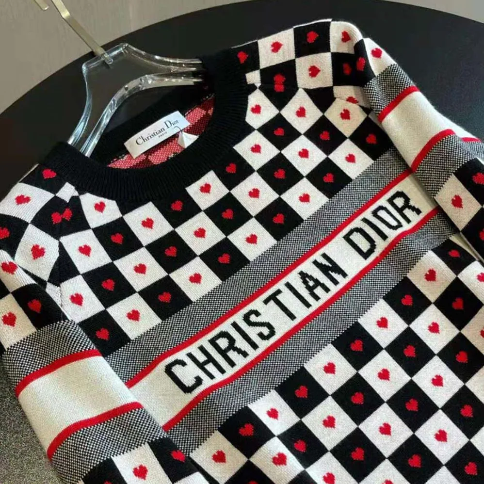 Dior Dioramour Sweater Black White and Red D-Chess Heart Double-Sided Technical Cashmere Knit and Wool for Women Dior Dioramour Sweater Black White and Red D-Chess Heart Double-Sided Technical Cashmere Knit and Wool for Women