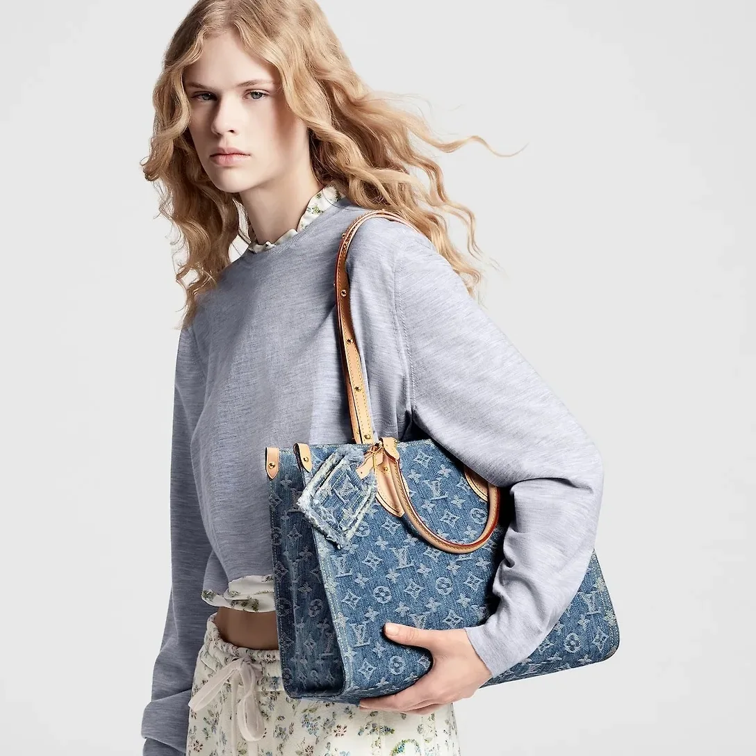 Louis Vuitton OnTheGo MM Tote Bag in Denim Blue Gold Hardwar