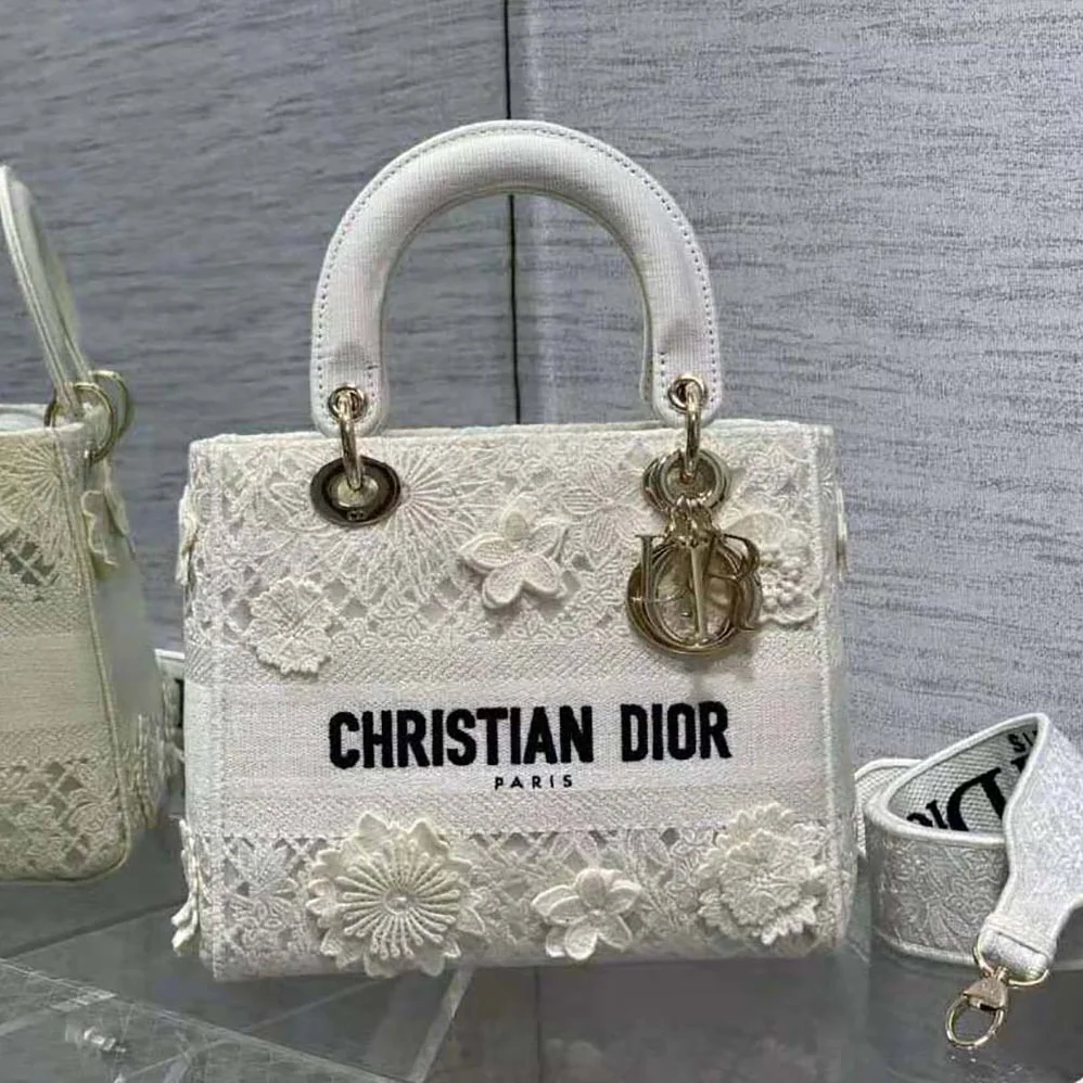 Dior Medium Lady D-lite Bag White D-Lace Embroidery with 3D Macramé Effect for Women Dior Medium Lady D-lite Bag White D-Lace Embroidery with 3D Macramé Effect for Women