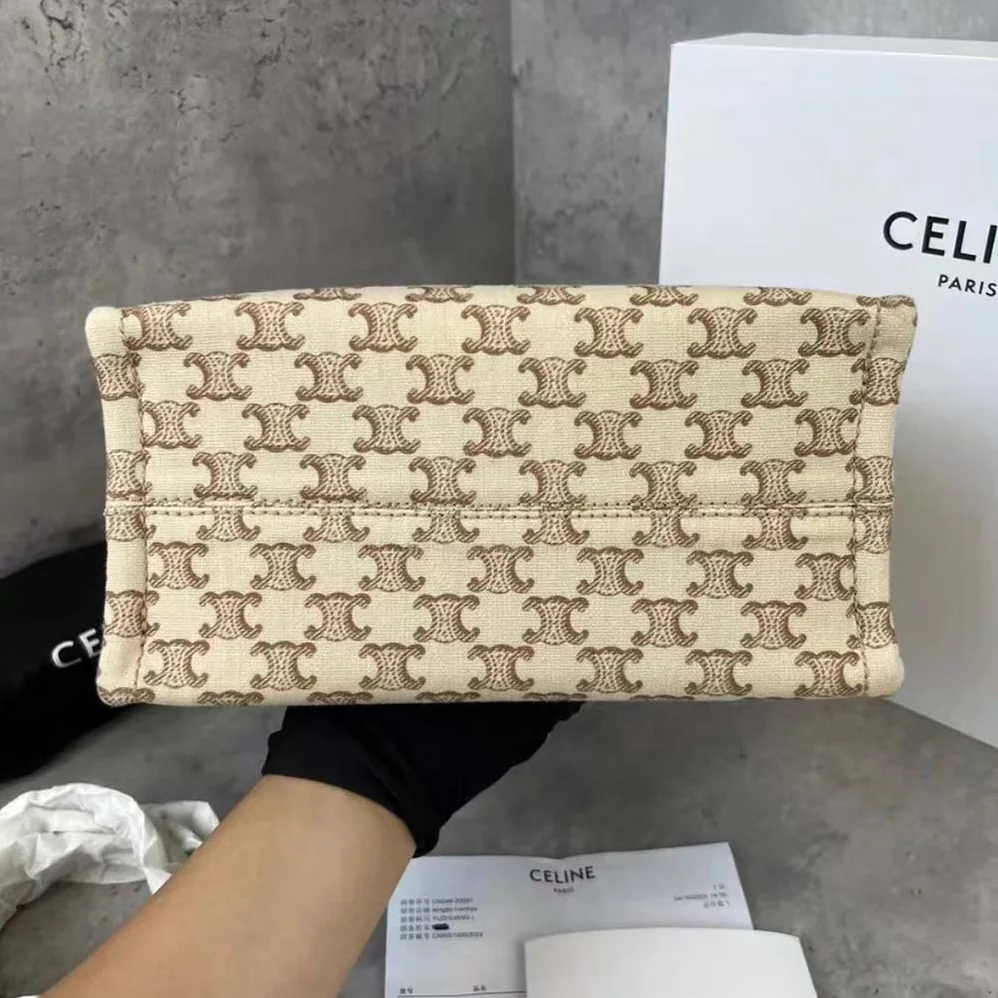 Celine Small Cabas Thais in Textile with Triomphe Canvas Print and Calfskin for Women in Beige