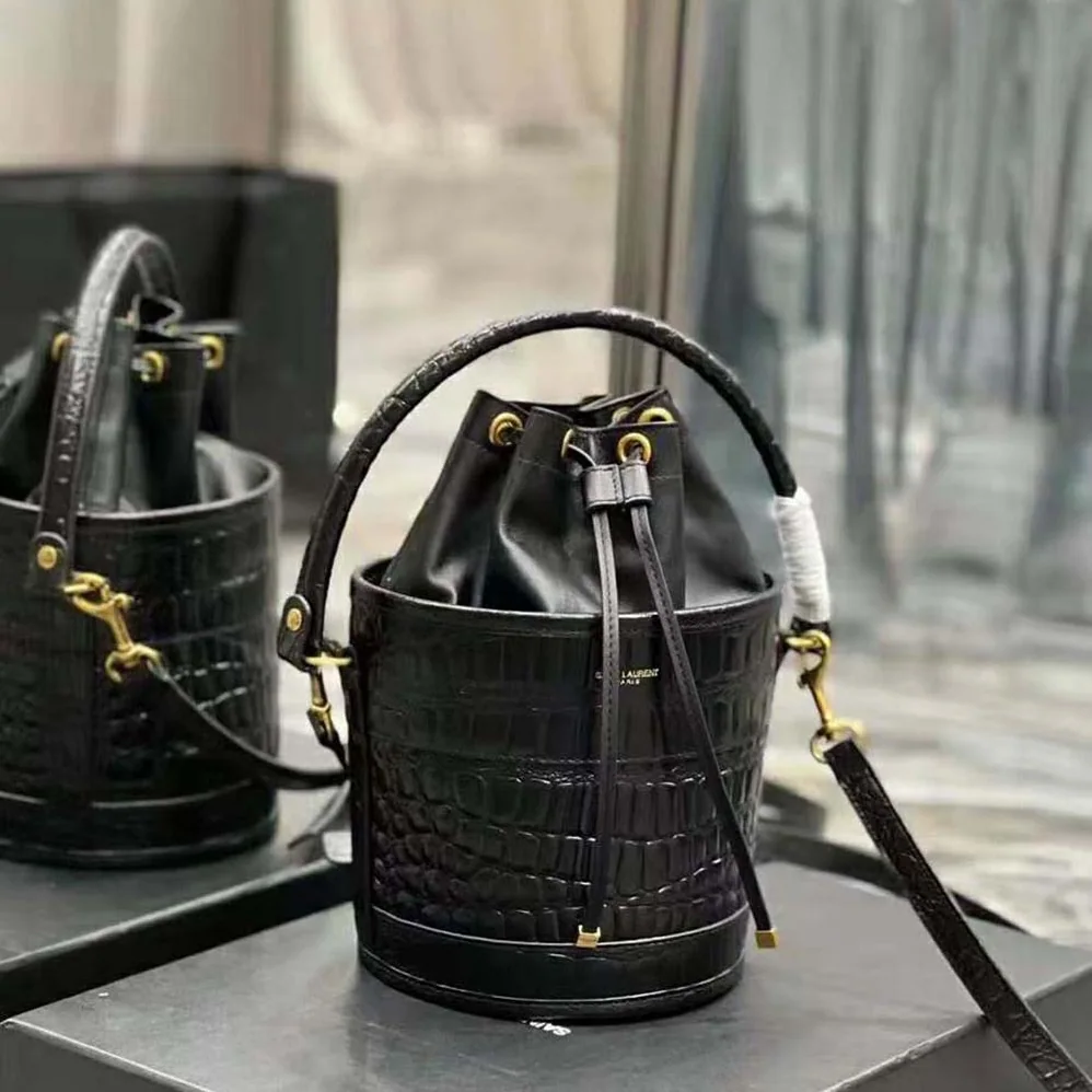 Saint Laurent YSL Bahia Small Bucket Bag in Crocodile for Women in Embossed Lacquered Leather Saint Laurent YSL Bahia Small Bucket Bag in Crocodile for Women in Embossed Lacquered Leather