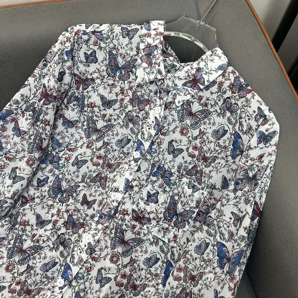 Dior Blouse White Cotton Muslin with Multicolor Toile de Jouy Papillon Motif for Women Dior Blouse White Cotton Muslin with Multicolor Toile de Jouy Papillon Motif for Women