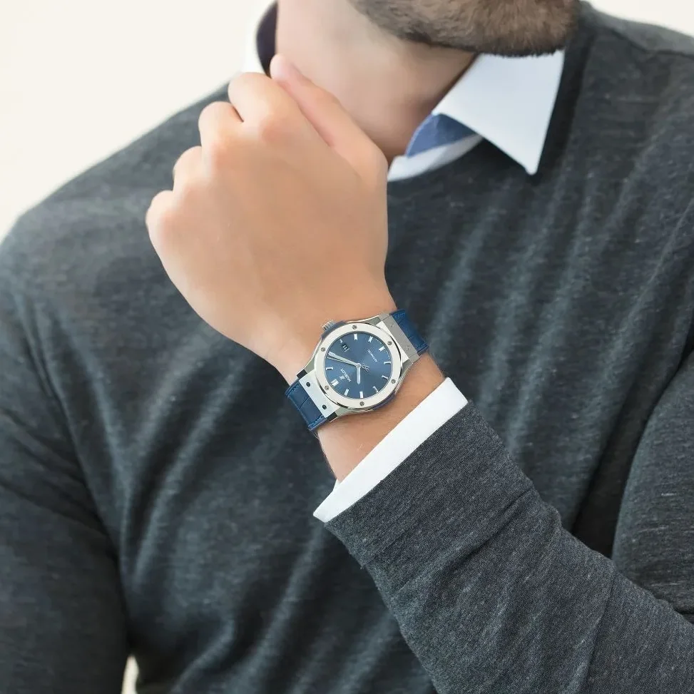 Hublot Classic Fusion Watch Automatic Silver Toned Blue Sunray Dial