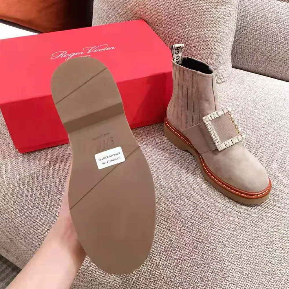 Roger Vivier Viv' Rangers Strass Buckle Chelsea Booties in Suede for Women Roger Vivier Viv' Rangers Strass Buckle Chelsea Booties in Suede for Women