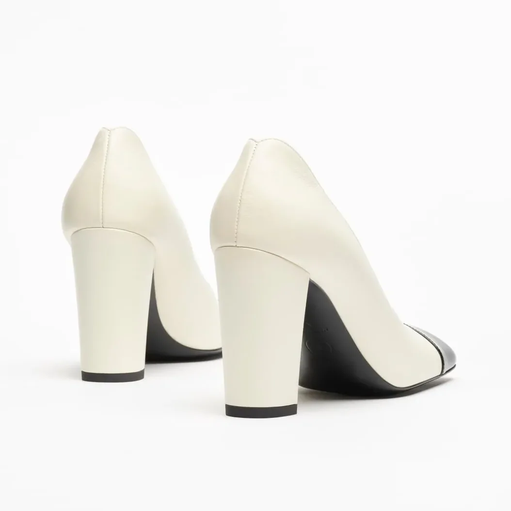 Chanel Block Heel Pumps Ivory/ Black --U9754