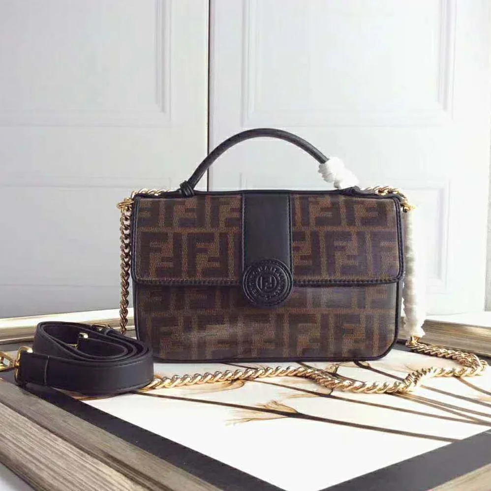 Fendi Double F Small Brown Leather and Fabric Bag for Women