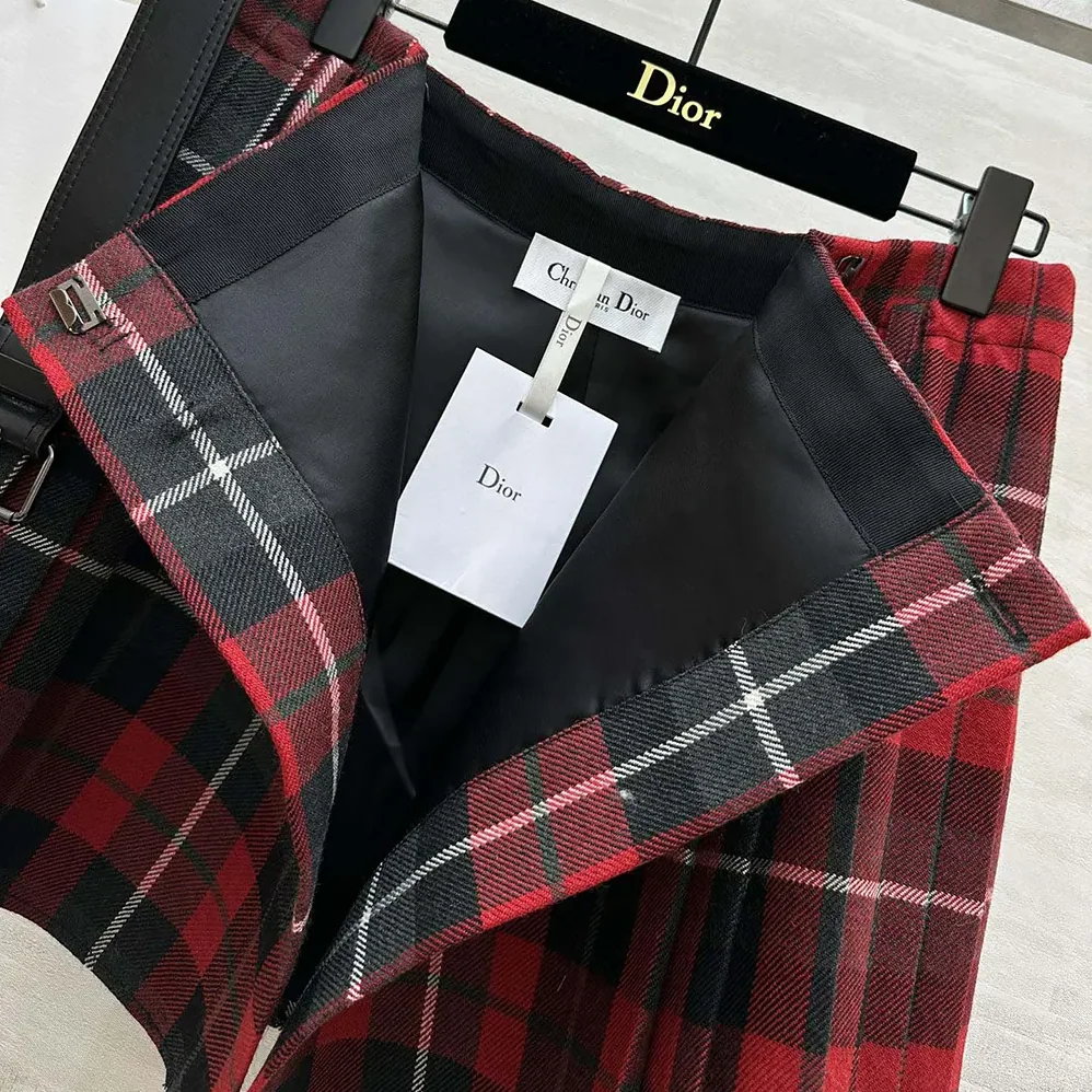 Dior Belted Short Kilt Red Gray and Black Check'n'Dior Virgin Wool for Women