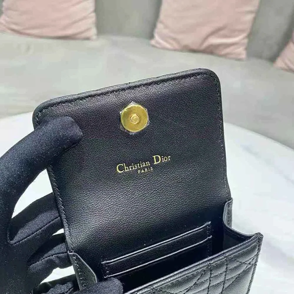 Dior Caro Phone Holder with Chain Black Supple Cannage Calfskin for Women