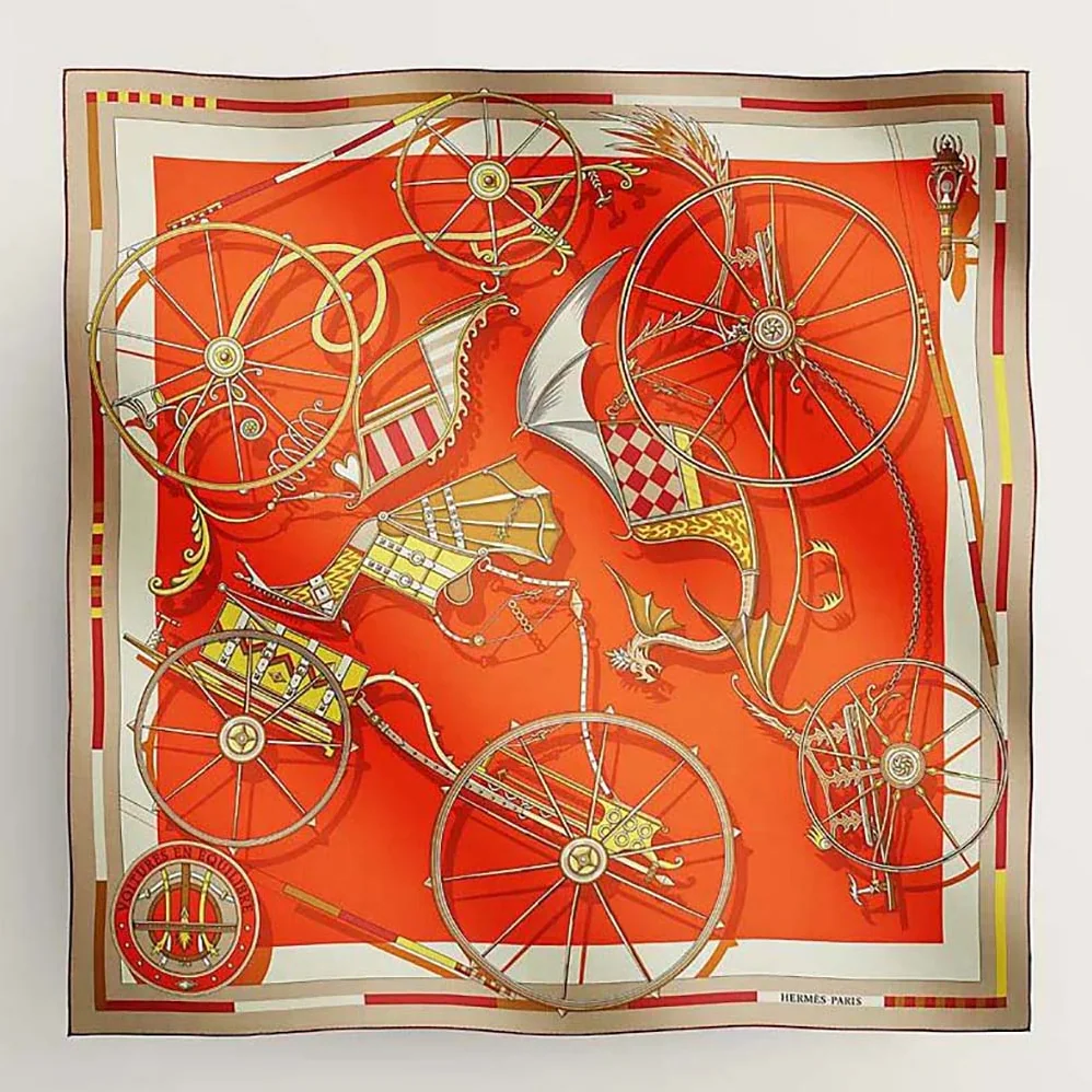 Hermes Voitures En Equilibre Shawl 140 for Women in Orange Hermes Voitures En Equilibre Shawl 140 for Women in Orange