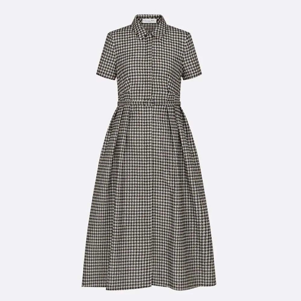 Dior Mid-Length Belted Dress Black and White Technical Cotton Jacquard and Silk for Women