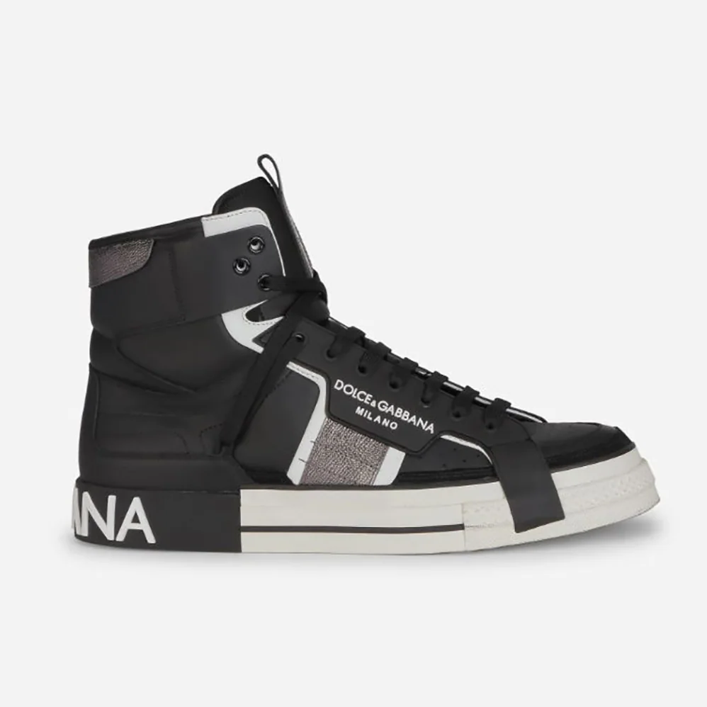 Dolce Gabbana D&G Calfskin 2.Zero Custom High-Top Sneakers with Contrasting Details for Men in Black