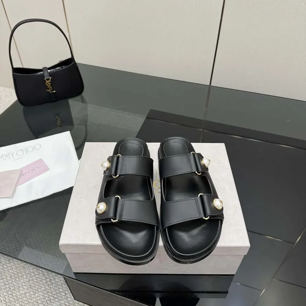 Jimmy Choo Fayence Sandal Black Leather Flat Sandals with Pearl Embellishment for Women