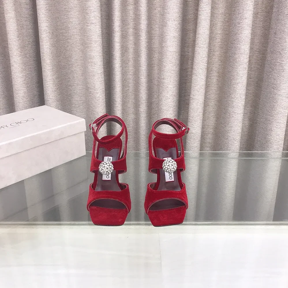 Jimmy Choo Orb 95 Ruby Red Velvet Sandals for Women