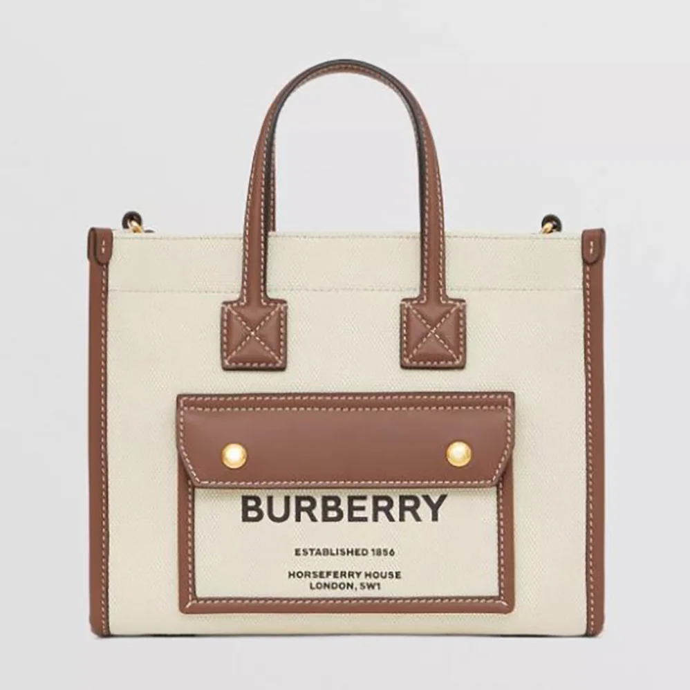 Burberry Mini Two-tone Canvas and Leather Freya Bag for Women in Brown Burberry Mini Two-tone Canvas and Leather Freya Bag for Women in Brown