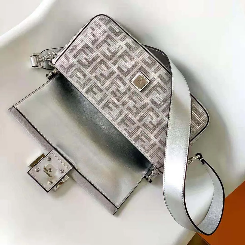 Fendi Baguette Silver Leather Bag with Crystal FF Motif for Women Fendi Baguette Silver Leather Bag with Crystal FF Motif for Women
