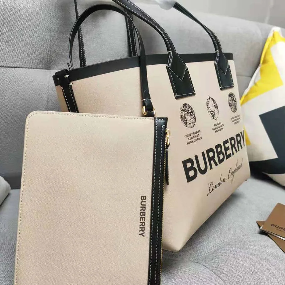 Burberry Label Print Cotton and Leather Small London Tote Bag for Women