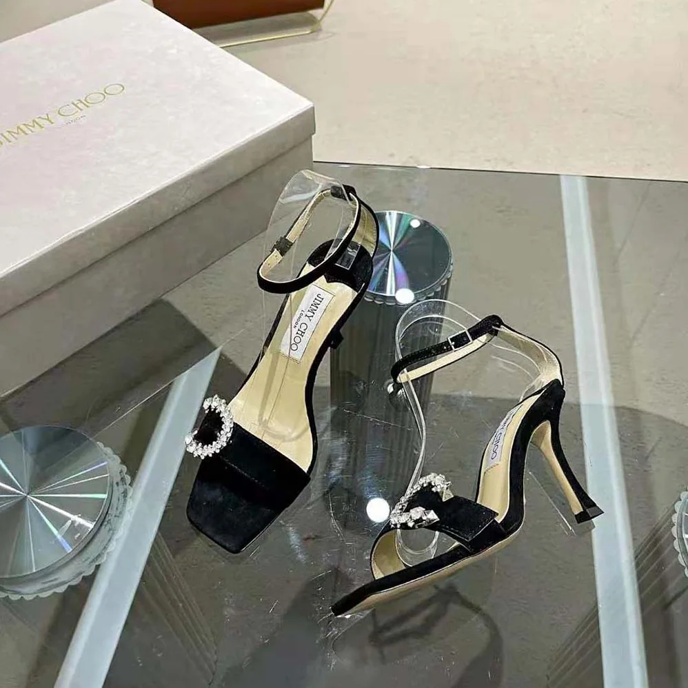 Jimmy Choo Marsai 90 Black Suede Sandals with Crystal Buckle for Women Jimmy Choo Marsai 90 Black Suede Sandals with Crystal Buckle for Women