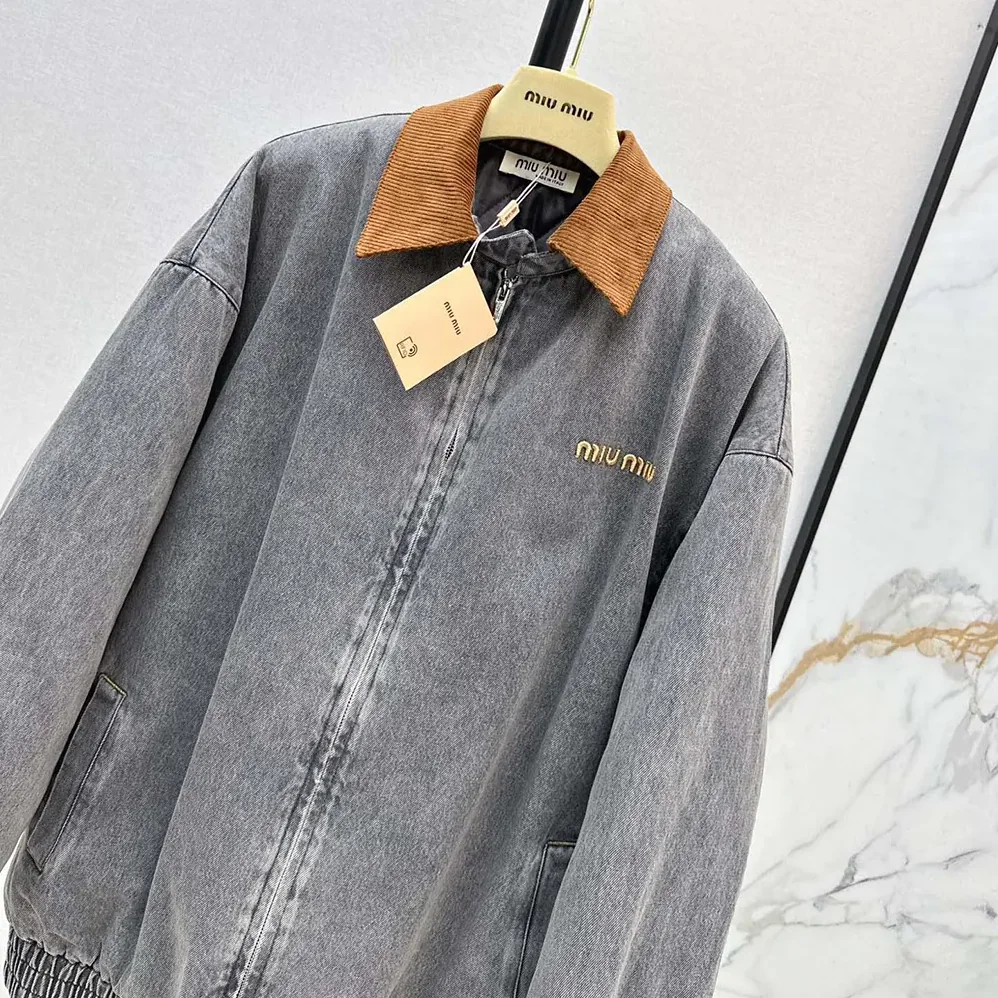 Miu Miu Chambray Jacket with Velvet Collar for Women Miu Miu Chambray Jacket with Velvet Collar for Women