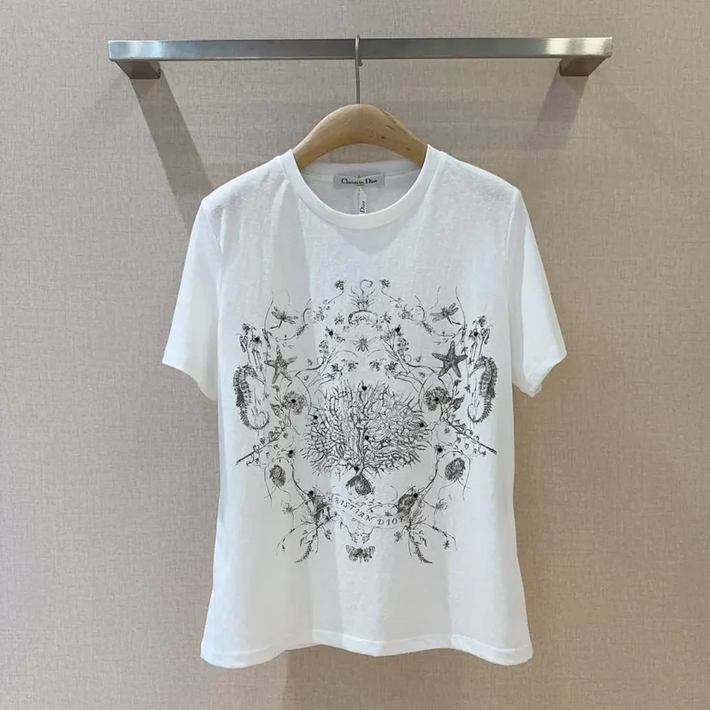 Dior T-Shirt White Cotton and Linen Jersey with Black Dior Cabinet de Curiosités Motif for Women