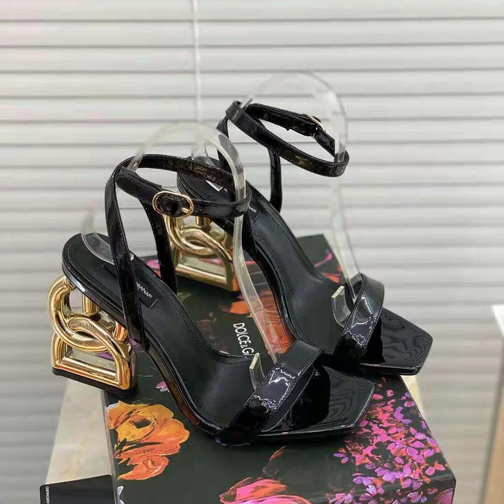 Dolce Gabbana D&G Patent Leather Sandals with 3.5 Heel for Women in Black Dolce Gabbana D&G Patent Leather Sandals with 3.5 Heel for Women in Black