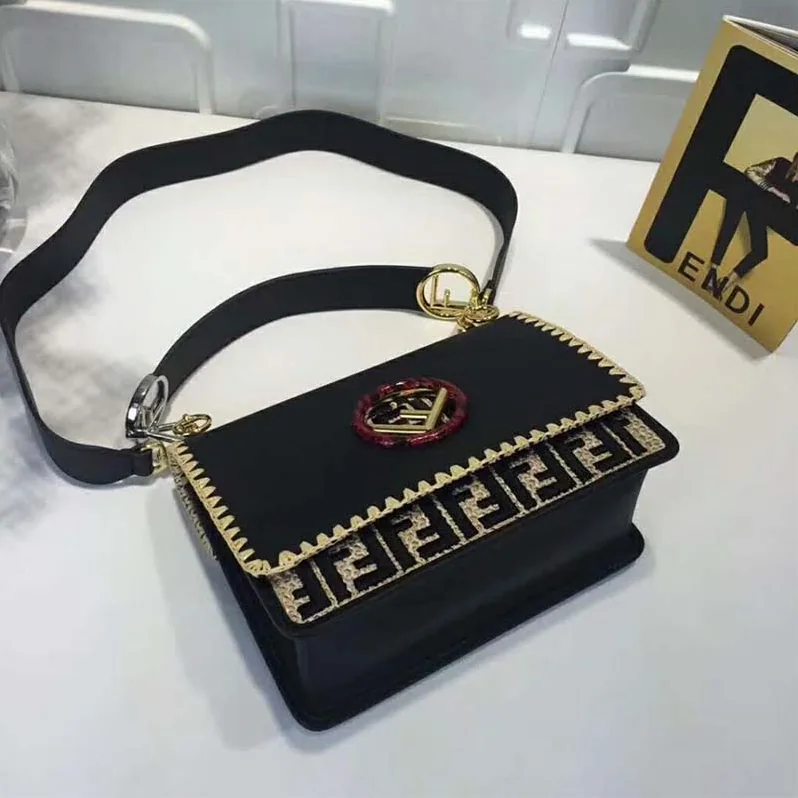 Fendi KAN I F Exotic Black Leather and Raffia Bag for Women Fendi KAN I F Exotic Black Leather and Raffia Bag for Women