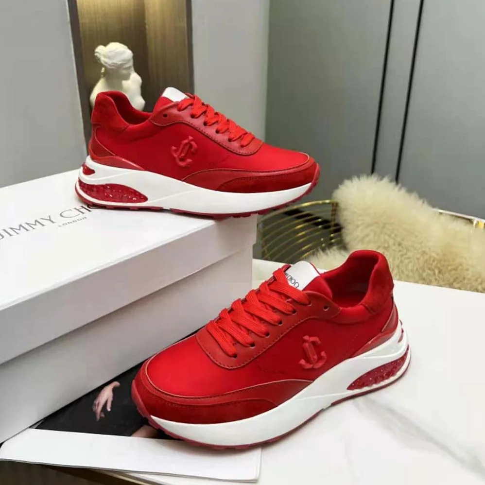 Jimmy Choo Memphis Lace UP/F Red Neoprene and Leather Low Top Trainers for Women Jimmy Choo Memphis Lace UP/F Red Neoprene and Leather Low Top Trainers for Women