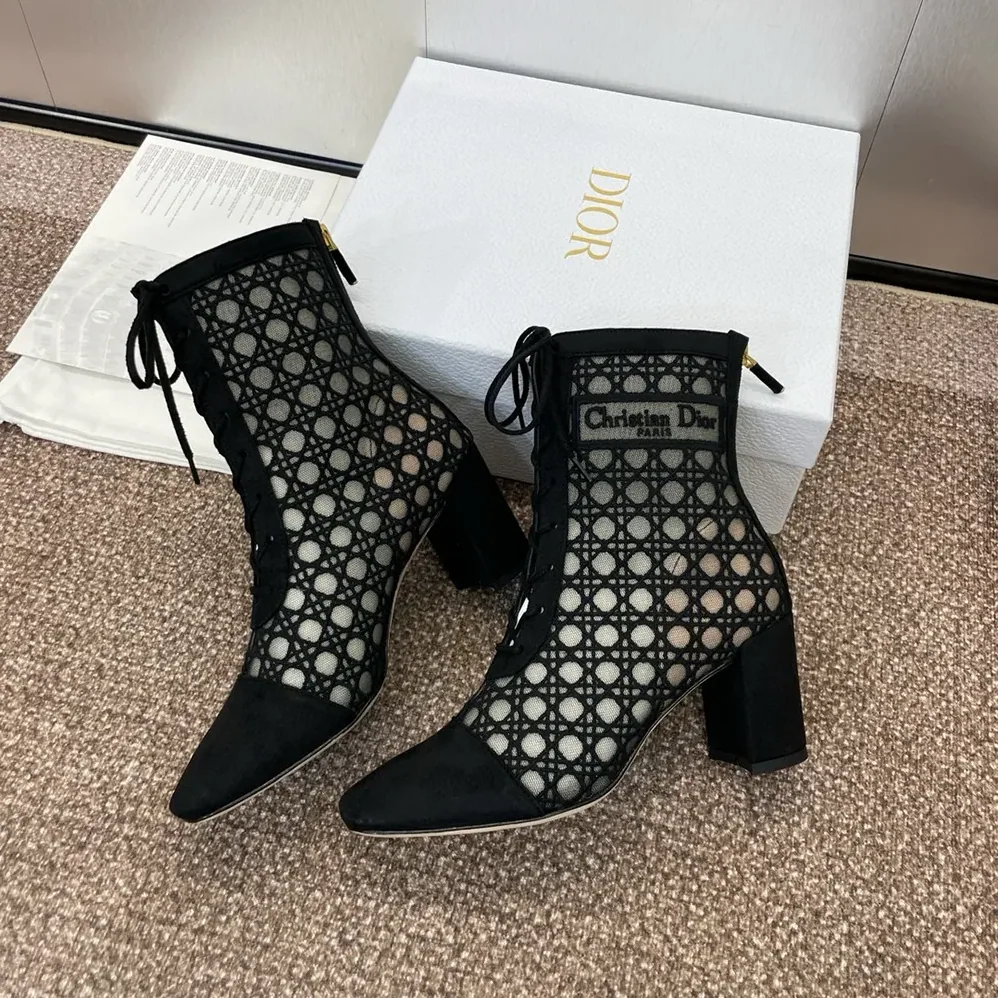 Dior Naughtily-D Heeled Ankle Boot Transparent Mesh Embroidered with Black for Women