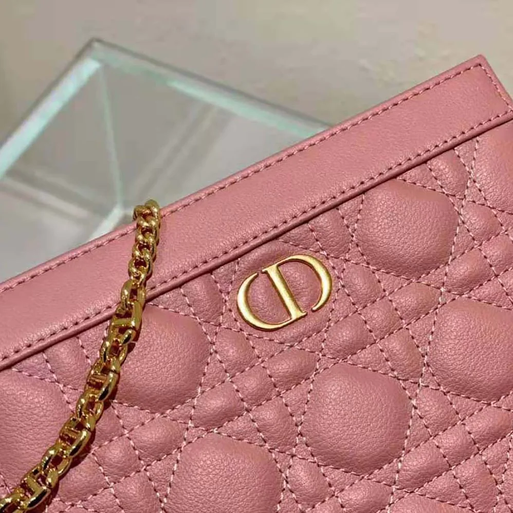 Dior Caro Zipped Pouch with Chain Cedar Green Supple Cannage Calfskin for Women in Pink Dior Caro Zipped Pouch with Chain Cedar Green Supple Cannage Calfskin for Women in Pink