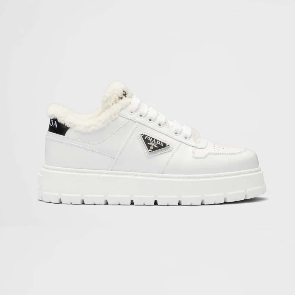 Prada Leather and Shearling Sneakers for Women in White