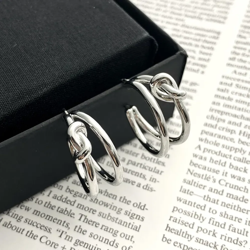 Celine Knot Double Hoops in Brass with Rhodium Finish for Women