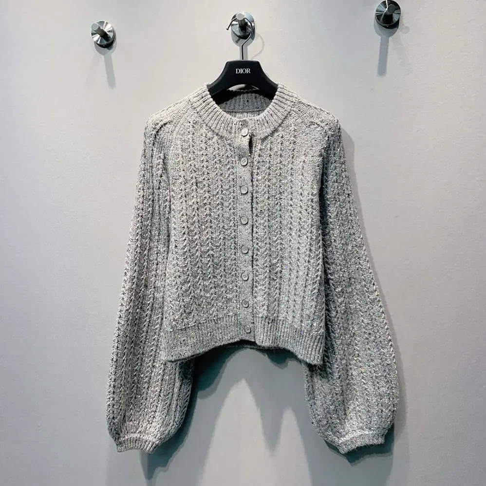 Dior Cardigan Gray Virgin Wool-Cashmere-Blend Tweed Embroidered with Sequins for Women Dior Cardigan Gray Virgin Wool-Cashmere-Blend Tweed Embroidered with Sequins for Women