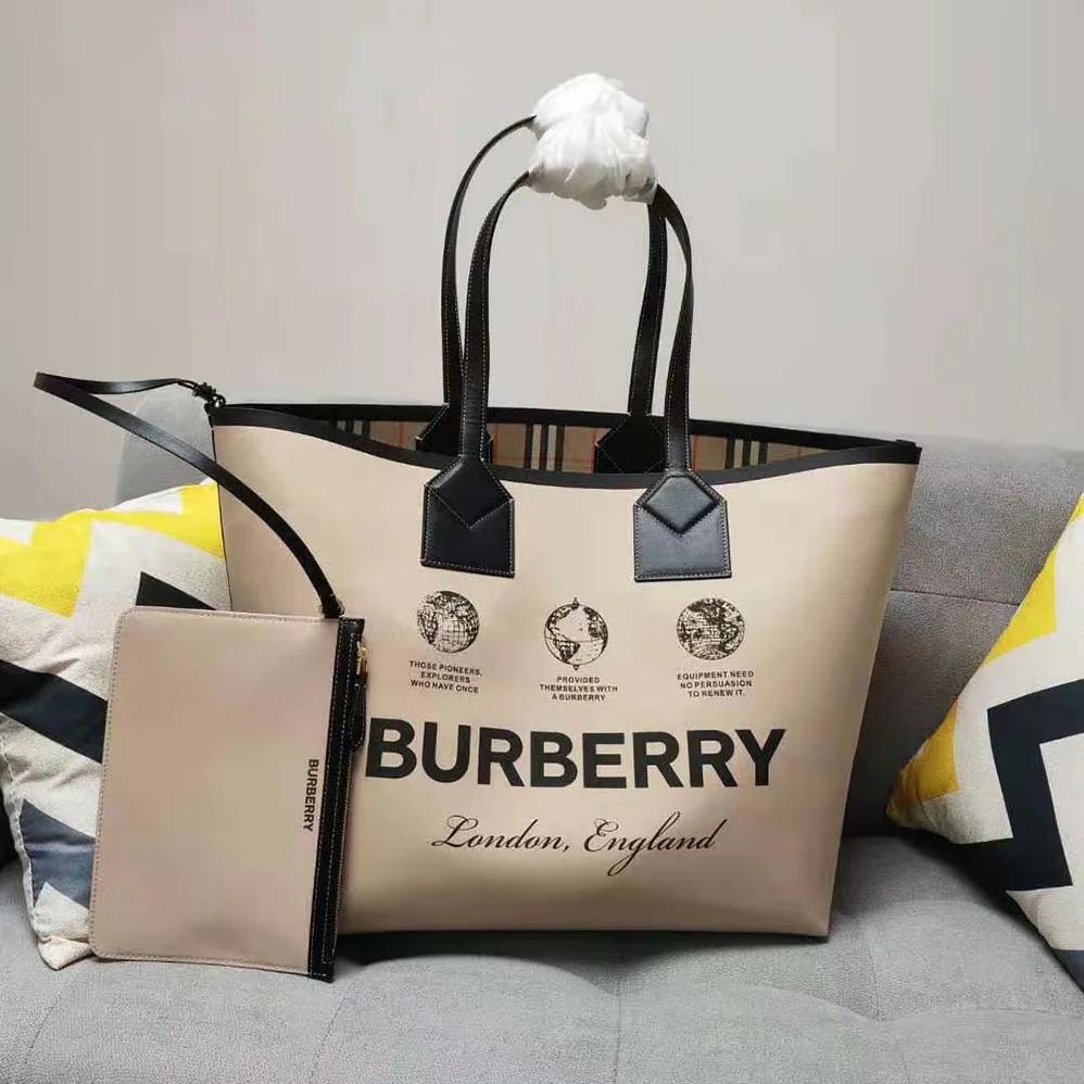 Burberry Label Print Cotton and Leather Large London Tote Bag for Women