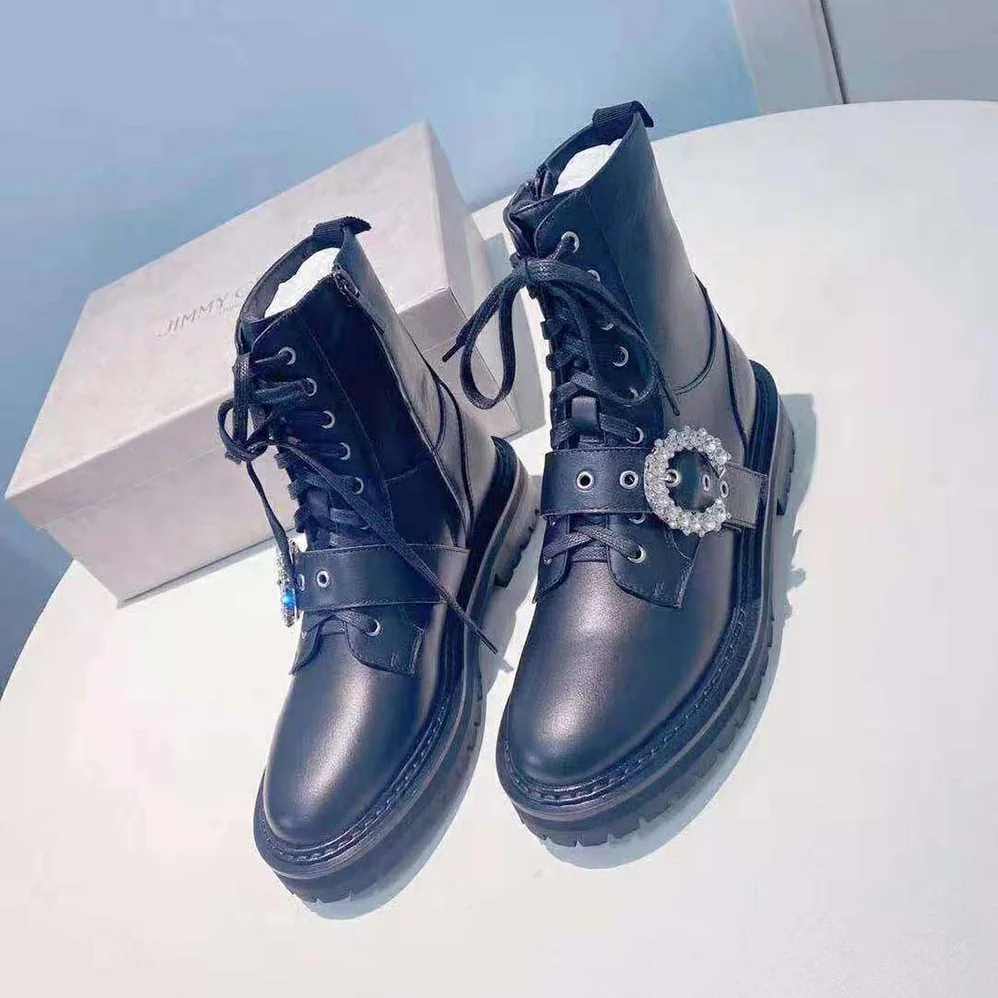 Jimmy Choo Cora Flat/Crystal Black Soft Calf Leather Combat Boots with Crystal Buckle for Women Jimmy Choo Cora Flat/Crystal Black Soft Calf Leather Combat Boots with Crystal Buckle for Women