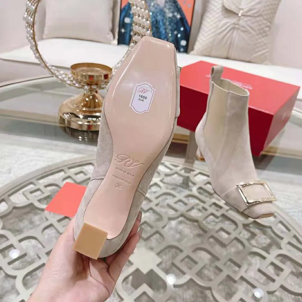 Roger Vivier Trompette Metal Buckle Chelsea Booties in Suede for Women in Beige Roger Vivier Trompette Metal Buckle Chelsea Booties in Suede for Women in Beige