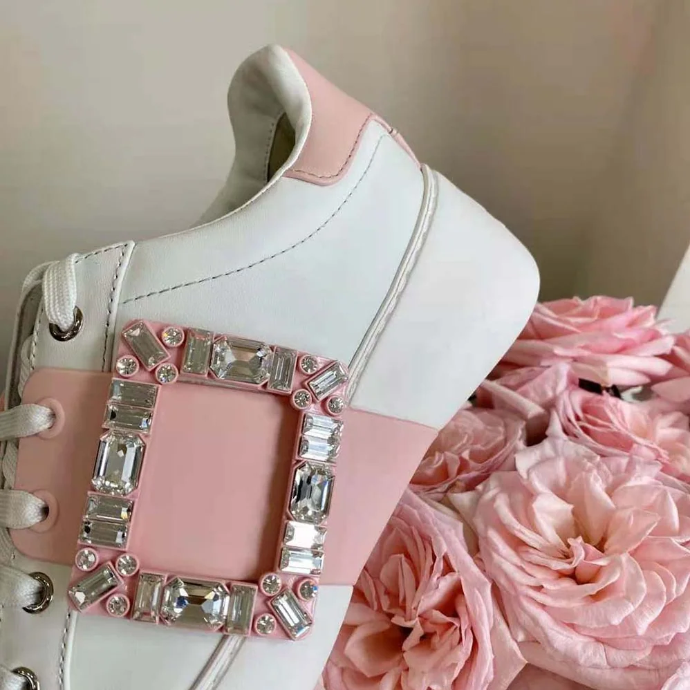 Roger Vivier Viv Skate Strass Buckle Sneakers in Soft Leather for Women in Pink Roger Vivier Viv Skate Strass Buckle Sneakers in Soft Leather for Women in Pink