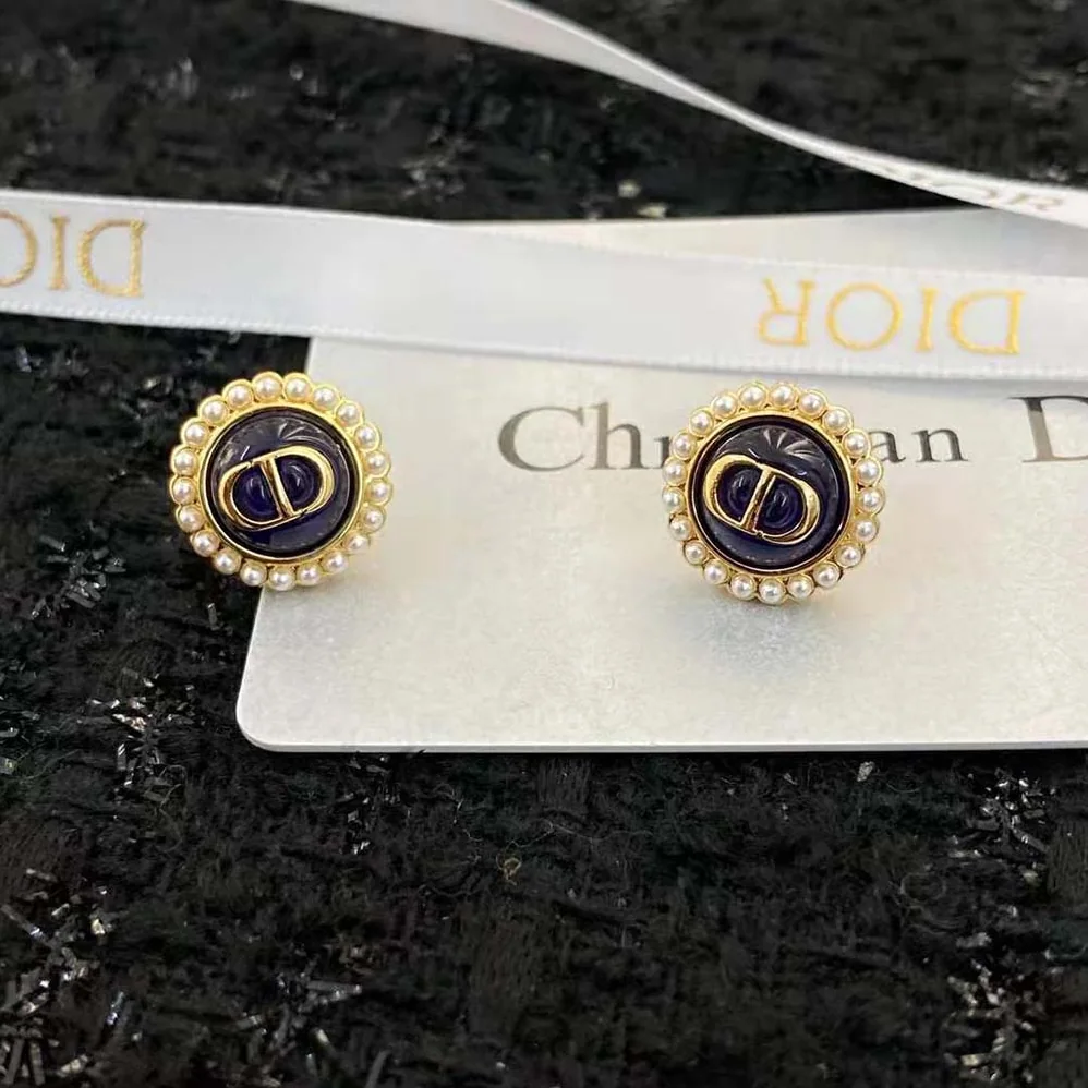 Dior Petit CD Studs Earrings Gold-Finish Metal and White Resin Pearls with Black Glass for Women