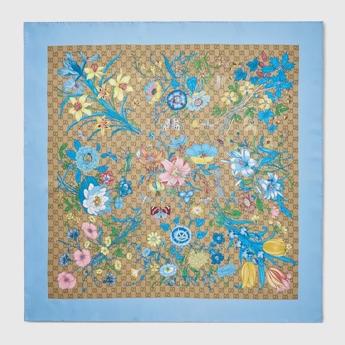 Gucci Printed GG Silk Twill Carre Scarf Light Blue in Multicolor
