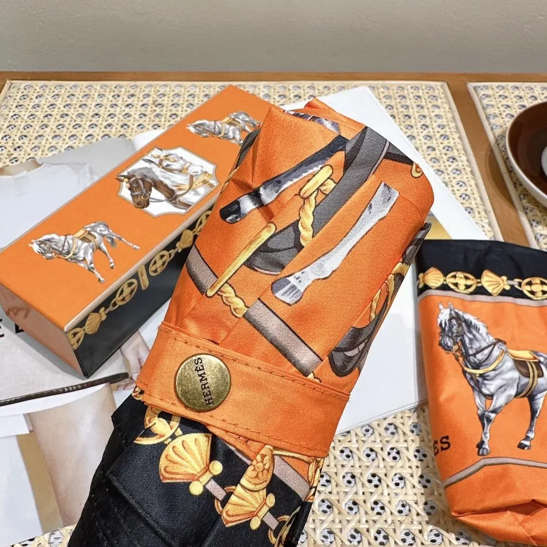 Hermes Long Umbrella With Horse Motif Orange