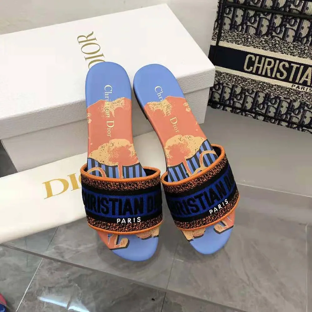Dior Dway Slide Blue Multicolor D for Women in Flower Pop Cotton Embroidery