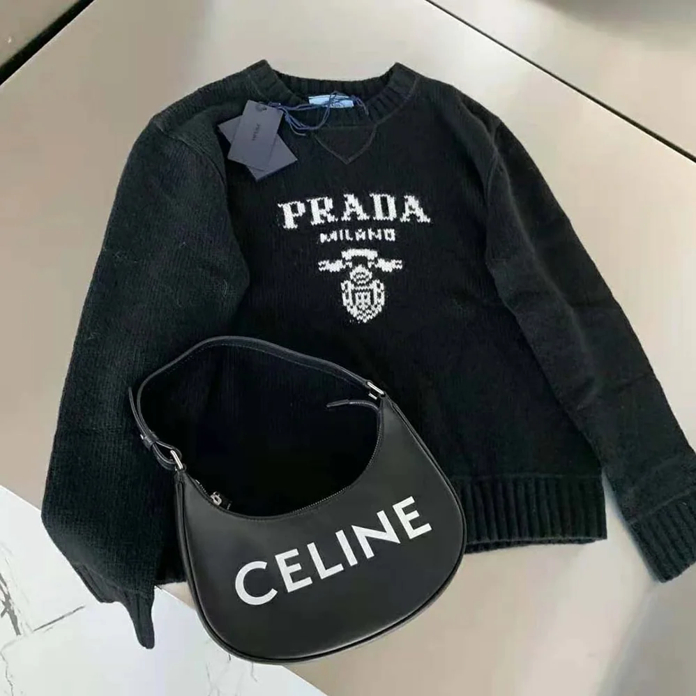 Prada Cashmere and Wool Prada Logo Crew-Neck Sweater for Women in Black Prada Cashmere and Wool Prada Logo Crew-Neck Sweater for Women in Black