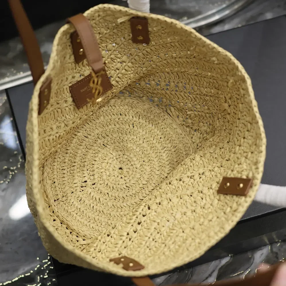 Saint Laurent YSL Panier Small in Raffia and Vegetable for Women in tanned Leather