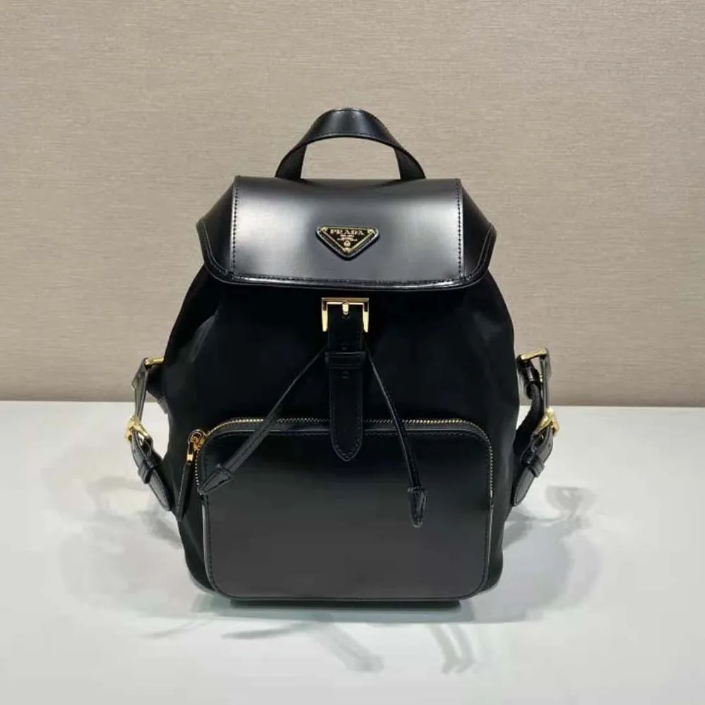 Prada Re-Nylon and Brushed Leather Backpack for Women in Black