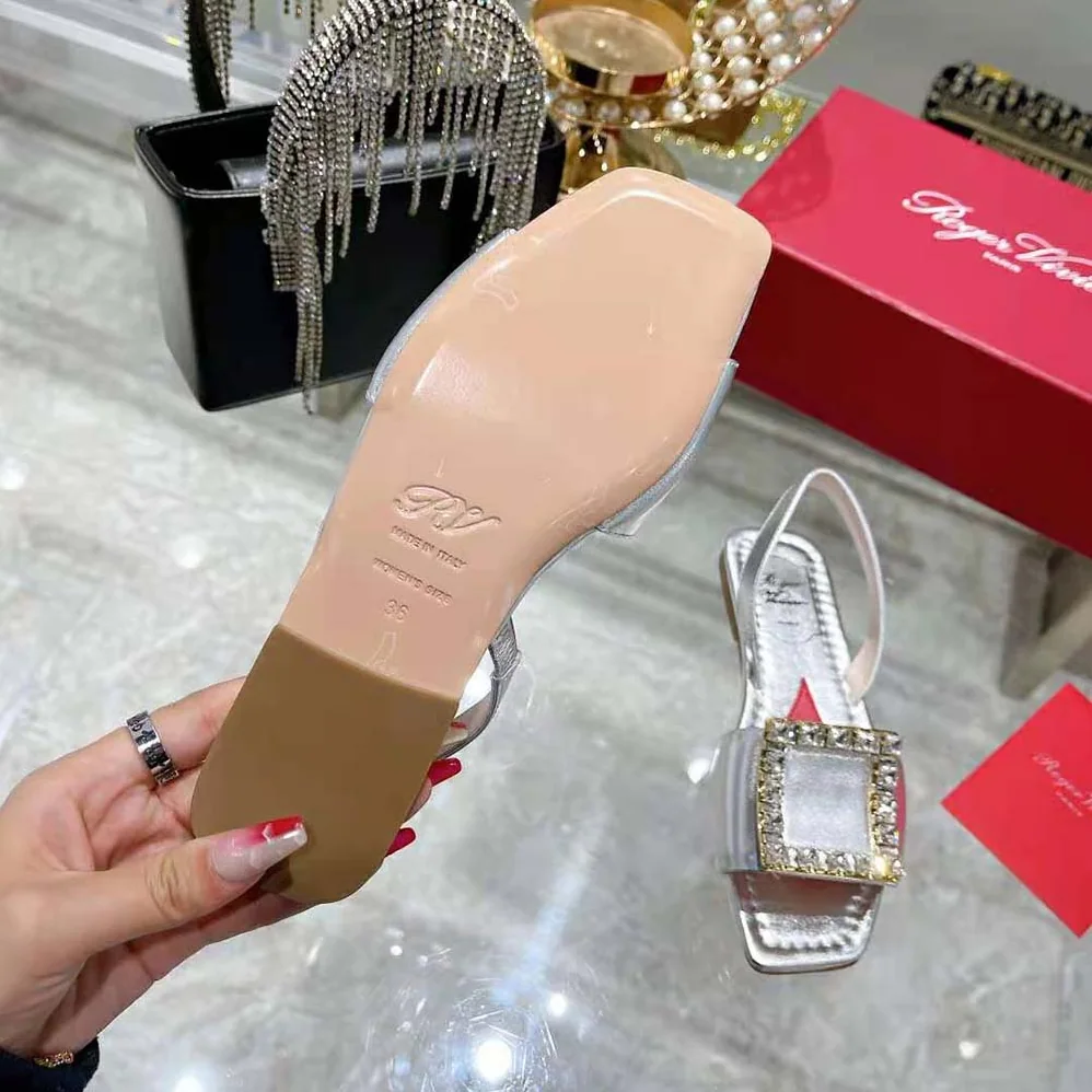 Roger Vivier Biki Love Strass Buckle Sandals in Leather for Women in Silver Roger Vivier Biki Love Strass Buckle Sandals in Leather for Women in Silver