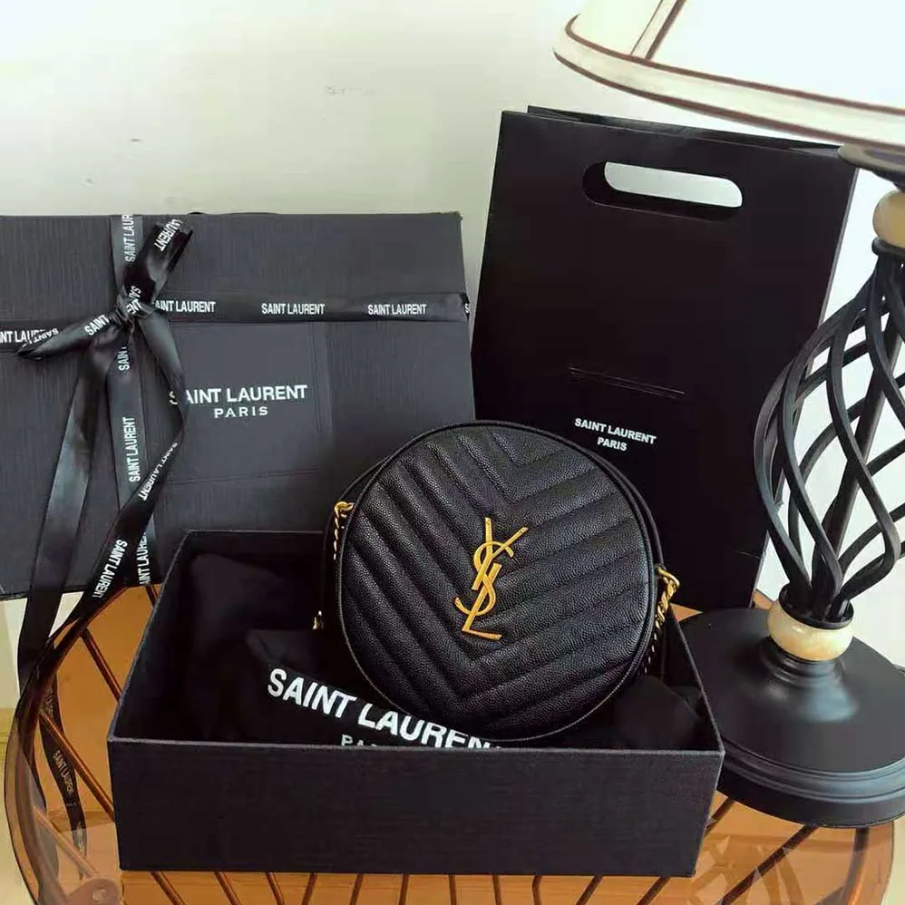 Saint Laurent YSL Vinyle Round Camera Bag in Chevron-Quilted Grain de Poudre Embossed Leather for Women in Black Saint Laurent YSL Vinyle Round Camera Bag in Chevron-Quilted Grain de Poudre Embossed Leather for Women in Black