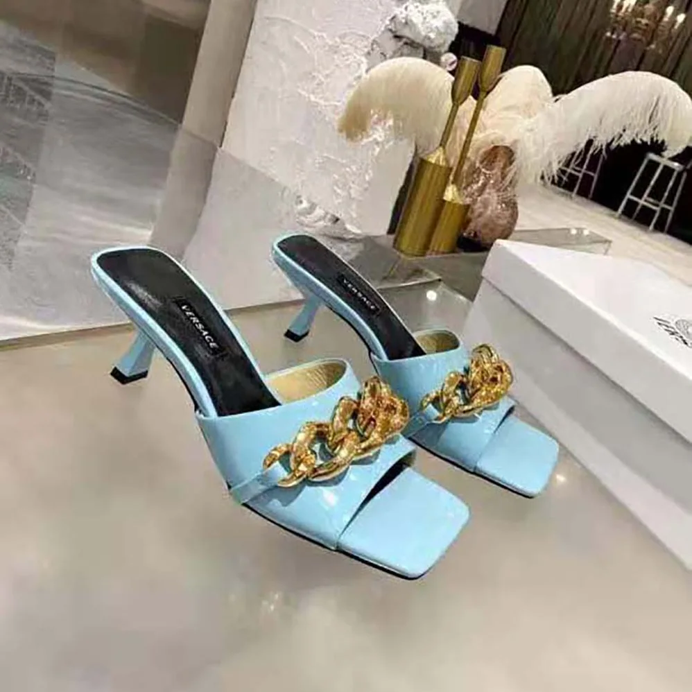 Versace Medusa Chain Mid-heel Naplak Mules for Women in Blue
