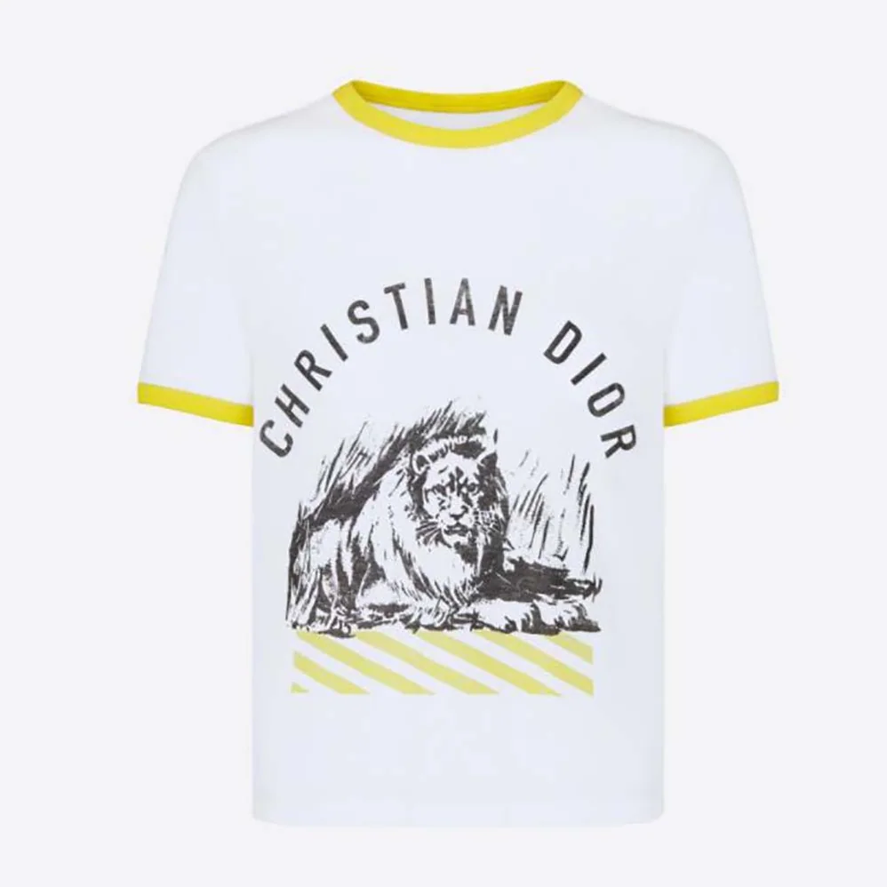 Dior T-shirt White Cotton Jersey with Fluorescent Yellow D for Women in Jungle Pop Motif