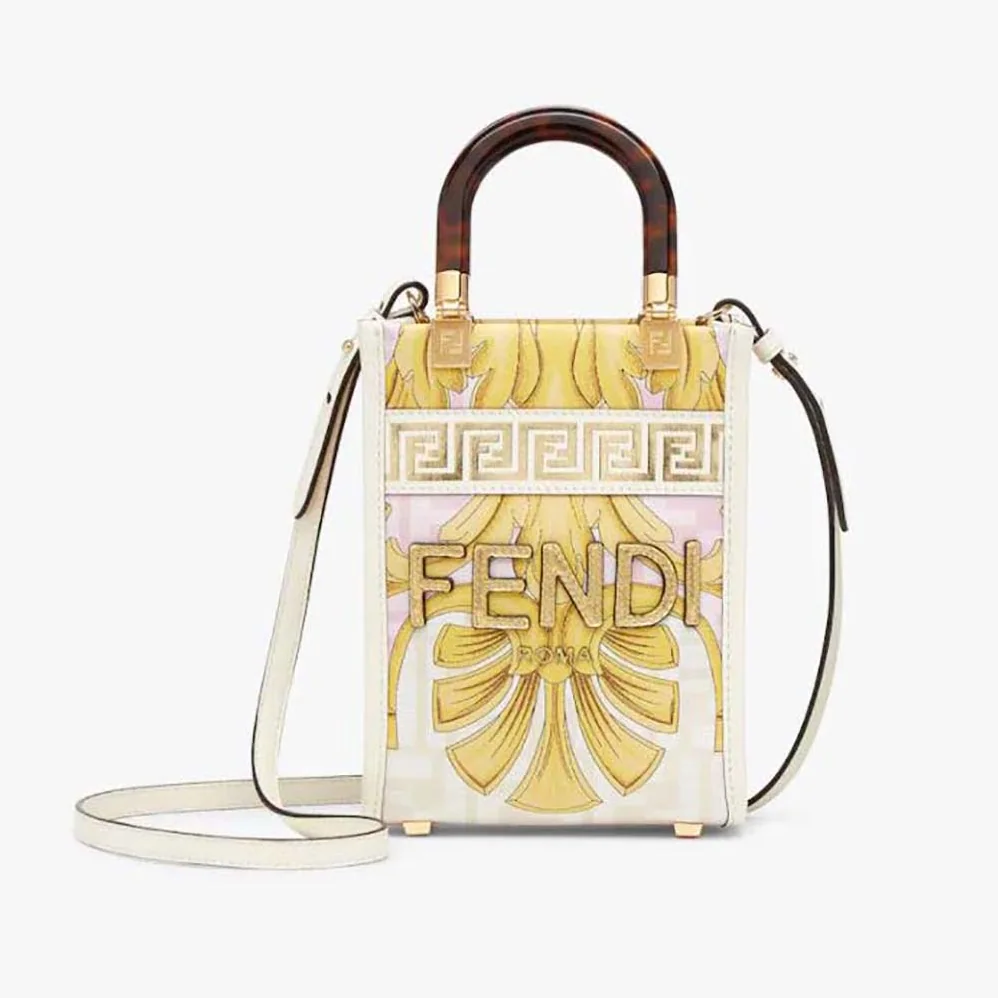 Fendi Mini Sunshine Shopper Fendace Printed White Leather Mini Bag for Women Fendi Mini Sunshine Shopper Fendace Printed White Leather Mini Bag for Women