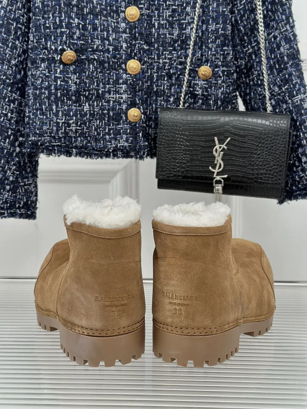 Balenciaga Alaska Fur Bootie in Brown Split Calfskin and White Synthetic Material for Unisex Balenciaga Alaska Fur Bootie in Brown Split Calfskin and White Synthetic Material for Unisex