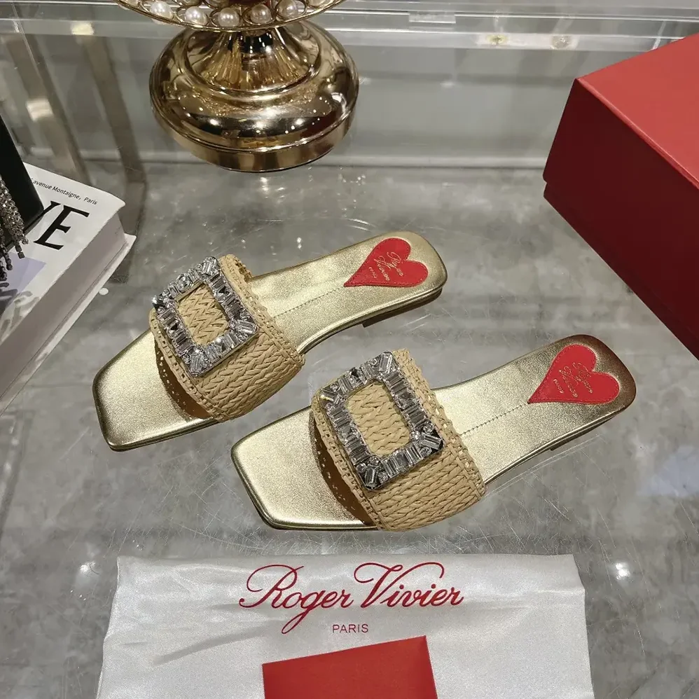 Roger Vivier Strass Buckle Slides in Raffia for Women