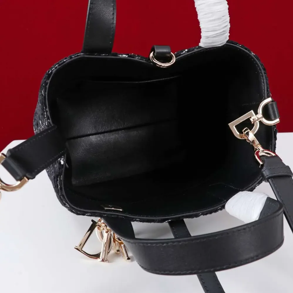 Dior Small Dior Toujours Vertical Tote Bag Black Tweed with White Cannage Motif for Women